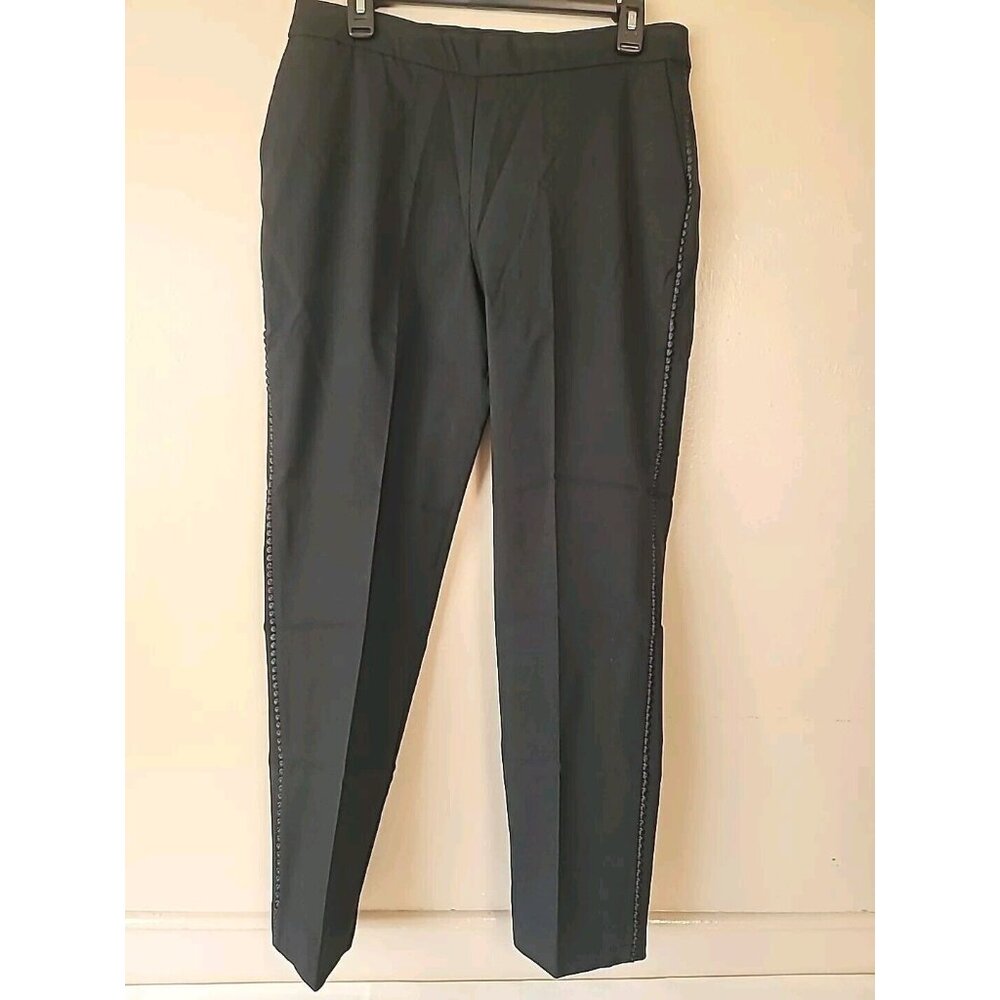 Susan Graver Women Pants Sz 12 Black Side Embroidery Tuxedo Pullon Stretch Ankle